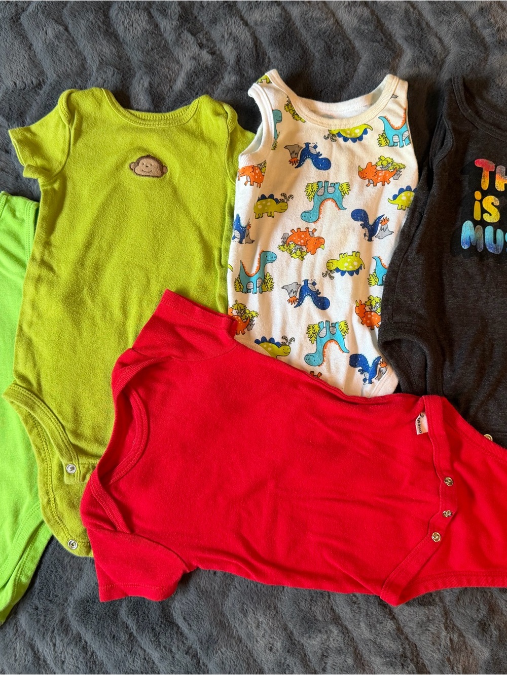 Baby Onesie Bundle - Lime Green, Red, White Dino Print, Charcoal